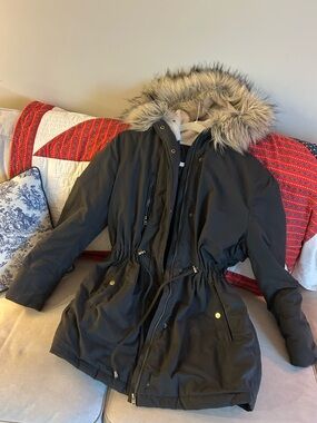 H&M Charcoal Hooded Puffer Parka with Faux Fur Trim